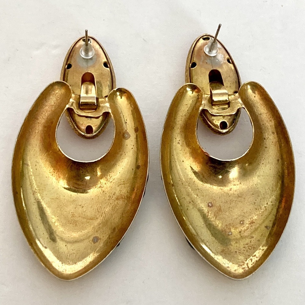 Vintage 80s Gold Tone Colorful Door Knocker Earrings Green Red Purple Rhinestone - Picture 4 of 6
